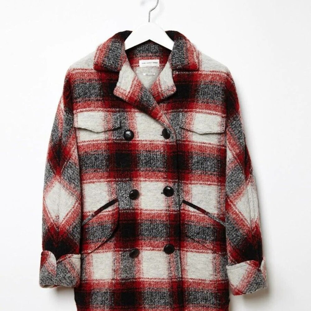 100% Authentic Isabel Marant Gael Jacket Plaid Black/Red Size 34/2 - RARE